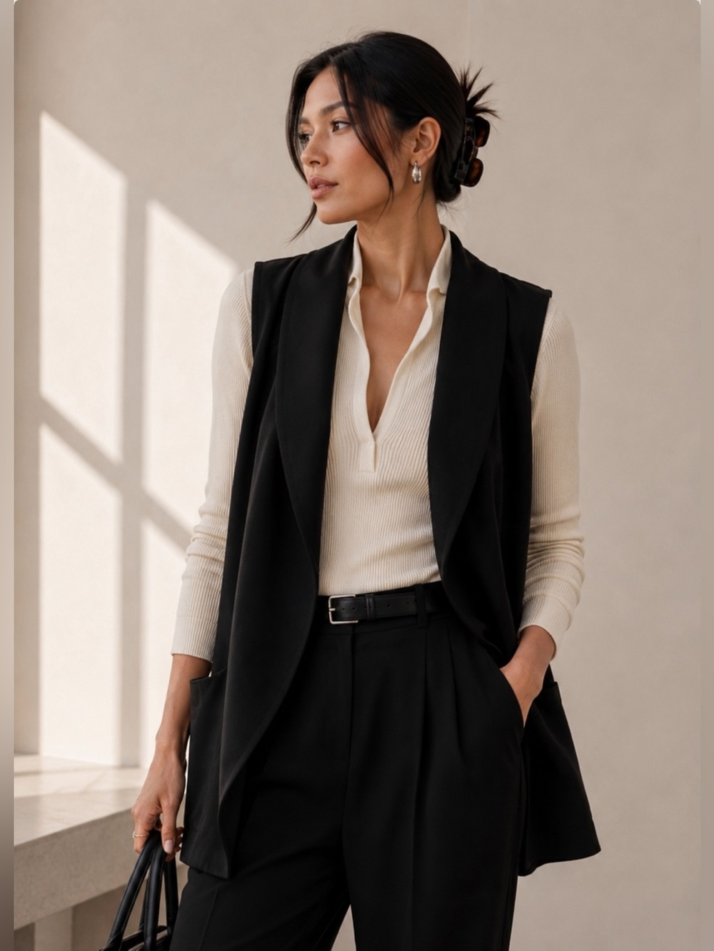 Wilfred Aritzia Draped Sleeveless Vest Black | Open Front Longline Minimalist